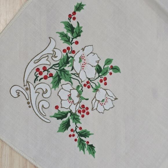 2 - Fabric Table Napkins Christmas Holly Berries Leaves White Poinsettia Flowers - Picture 13 of 15